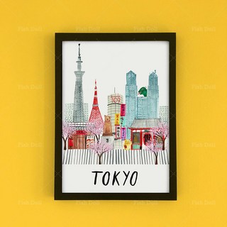 노 브랜드 도쿄 일러스트레이션 시부야 신주쿠 Japan Travel Tokyo art City Map Cityscape Wall Ar 0416, with frame