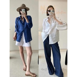 新竹出貨 亞麻襯衫 2色 寬鬆襯衫 法式襯衫 藍色襯衫 長版襯衫 防曬襯衫 韓版襯衫 白色襯衫 老錢風棉麻