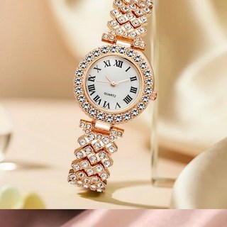 羅馬數字鑲鑽石英女錶，精美時尚手鍊款，氣質百搭簡約女士腕錶