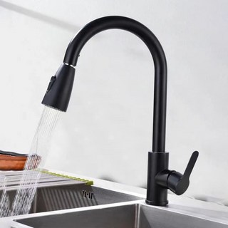 菲勒衛浴 重款304不銹鋼冷熱水抽拉水龍頭 雙出水模式 旋轉伸縮洗菜盆龍頭 臺灣現貨, 1個, 黑色龍頭（含水管）