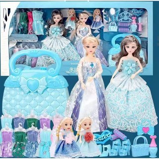 芭比娃娃大禮盒 洋娃娃玩具 冰雪奇緣艾莎 仿真娃娃 女孩換裝玩偶套裝 公主玩偶 交換禮物, 1個, 宅配通【音樂70CM】4娃娃+10衣+收