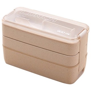馬卡龍小麥秸稈三層便當盒-附餐具附提袋900ml 可冷藏可微波, 米色, 1個