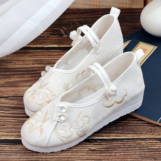 古風漢服鞋子女中國風旗袍鞋茶藝師女士圓頭繡花鞋坡跟老北京佈鞋, 白色 QWLB-子吟 低跟3厘米,37