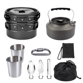 便攜式露營套鍋茶壺組合 2-3人野炊燒烤不粘鍋 硬質氧化鋁多功能露營炊具, 1個, 全套8件組黑色GL-C31, 黑色