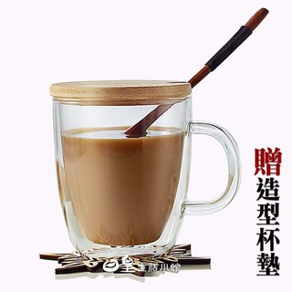 日皇 雙層玻璃杯 雙層杯 雙層馬克杯 雙層耐高溫隔熱玻璃杯400ml, 1個, 楠木攪拌勺