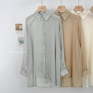 【Fee現貨7色】透膚雪紡長版襯衫，韓版長袖罩衫，百搭薄外套，夏季防曬長版上衣