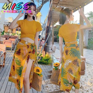MISS·更衣室 泳衣女三件套 韓版溫泉性感比基尼裙式分體泳裝 沙灘寫真, 黃色8107,批發請拍（均碼）