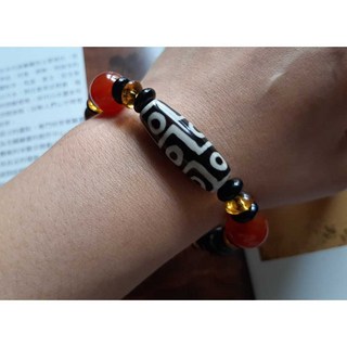 西藏老天珠 罕見海螺化石9眼天珠 紅黃瑪瑙保平安手鍊 手圍17cm