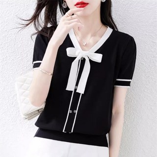 JIEVE 아이스 나비 라운드넥 셔츠 블라우스 여성 봄 여름 가을 니트 ZY042811