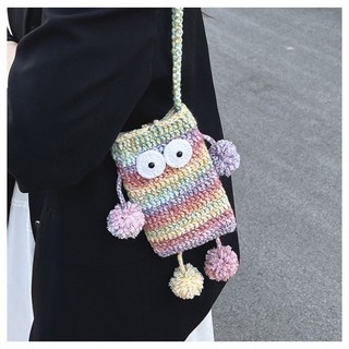 可愛毛球小怪獸造型手機包 編織斜挎包 彩色手工鉤織包, 彩虹色小怪獸