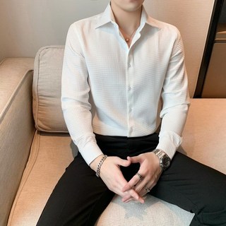 男士長袖襯衫 韓版華夫格商務休閒修身襯衣
