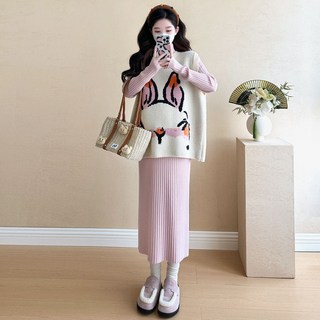 해피유통 여성 투피스세트 루즈핏 토끼패턴 니트조끼+이너 무지 스커트 jhz