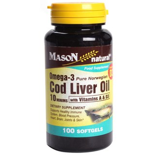 Mason Naturals Omega-3鱈魚肝油軟膠囊, 100顆, 1罐