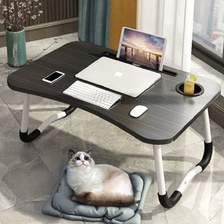懶人折疊床上電腦桌，多功能飄窗小桌子，學生宿舍必備, 珍珠白【簡約】,升級款【手機卡槽+防傾杯托】