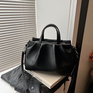 褶皺手提包 雲朵包 簡約斜挎包, 黑色