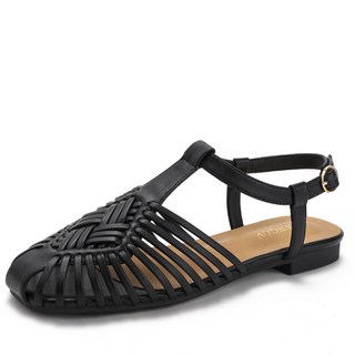 復古羅馬風包頭一字扣涼鞋夏手工編織豬籠鞋平底休閒涼鞋1012-10, 10 cm, 黑色:37