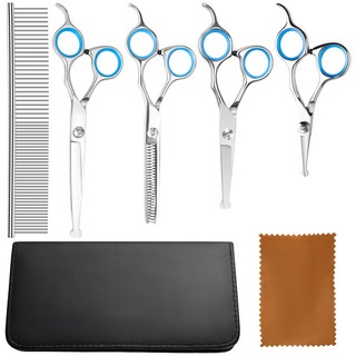 리빙가감법 반려동물 강아지 고양이 미용 가위 미용 숱가위 애견미용가위 전문가용 5종 세트, 1개, 실버/블루