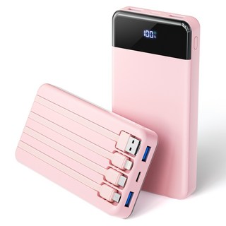 UOOFON 일체형 보조배터리 고속충전 30000mAh 대용량 PD 22.5W QC3.0 잔량표시+ 4개 케이블 멀티단자, 핑크, N6