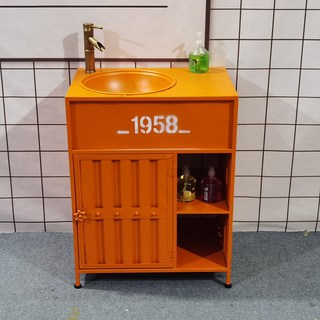 【Shark家具】工業風立柱洗手盆櫃 復古創意集裝箱洗手台, 橘黃色洗手盆(送水龍頭）, 1個