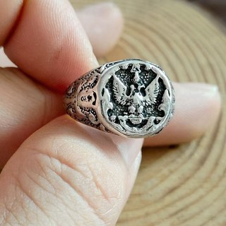 復古雙鷹徽章戒指 男士時尚飾品