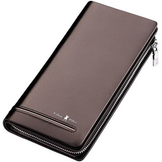 William POLO 英皇保羅 男士商務牛皮拉鍊長款錢包 多功能大容量手拿包 咖啡色/黑色, 平紋咖啡色