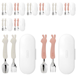 에디슨 유아 실리콘 스푼 포크 케이스 2종 세트, 토끼핑크 + 토끼크림, 스푼 + 포크 + 케이스, 5세트