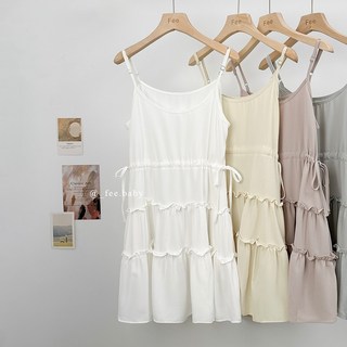 【Fee現貨9色】細肩帶蛋糕裙襬洋裝，蛋糕裙短洋裝，無袖連身裙，可調式肩帶吊帶裙，白色洋裝, 現貨-白色F