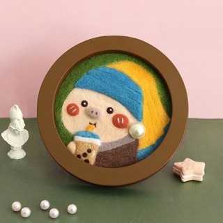 熱銷羊毛氈戳戳樂手工DIY材料包 簡單製作新手禮物 情侶原創相框擺件, 1個, A452珍豬女孩圓框（送全套工具）