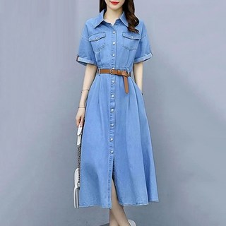 ROYALBELLE 여성 칼라 반팔 A라인 버튼 빈티지 스타일 레이온 데님라이크 미디 원피스 K041015