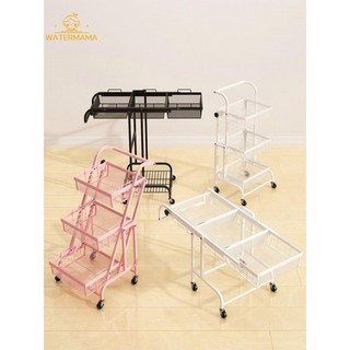 折疊移動小推車平行置物架花架貨架火鍋帶輪擺攤變形幼兒園收納架, 粉紅色3層伸展平行手推車,0層