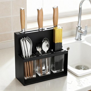 KEMEI 수저통 물빠짐 주방 수납 선반 세트 대용량 스텐 주방용품 정리함, 1개, 블랙