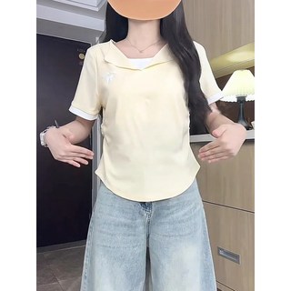 大碼正肩顯瘦翻領短袖Ｔ恤女 夏季胖MM收腰褶皺刺繡純欲風純棉上衣