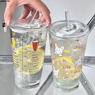 吸管杯 水杯手拿杯 杯子ins高顏值玻璃大容量刻度帶蓋吸管玻璃杯可愛牛奶家用水杯, 1個, 可愛兔子,加蓋子+透明玻璃吸管