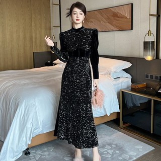 【法式收腰亮片】晚禮服 連衣裙 宴會禮服 年會禮服 晚宴裙 長袖禮服 黑色修身 高級感 2025新款 聚會派對戰袍