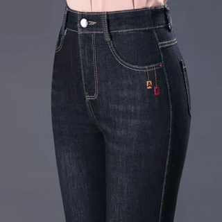 중년 여성 데님 팬츠 캐주얼 하이웨이스트 일자 청바지 슬림핏 스판 슬랙스 데님 팬츠 CY