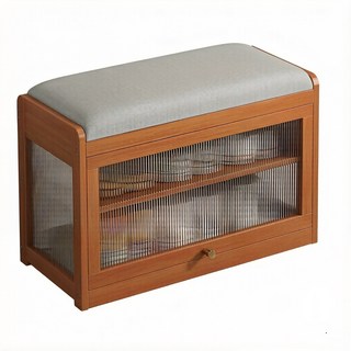 楠竹翻門換鞋凳，附軟墊收納櫃，雙層置物，環保無異味，尺寸 68x31x45cm, 茶色, 1個