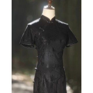 江南絮 新中式國風復古黑色旗袍 2026春夏新款氣質修身連衣裙 日常東方美學旗袍裙 宴會攝影適用, 暮靄,M