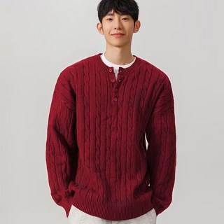 本命年紅色亨利領毛衣男士款秋冬爆款慵懶風鬆弛感麻花針織衫外套