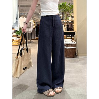 藏青色高腰冰絲亞麻寬腿褲 女士夏季休閒寬鬆顯瘦大尺碼長褲