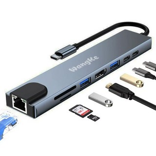 WangKe Type-C多功能擴展塢，USB3.0/HDMI/讀卡機/網路接口，PD快充鋁合金集線器, 黑灰色, 1個