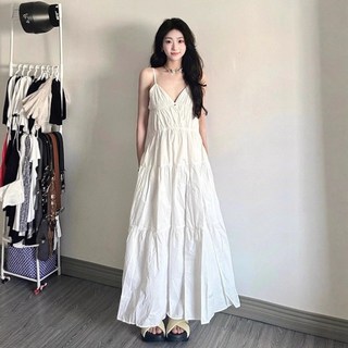 法式v領白色吊帶連衣裙女裝夏季海邊度假多巴胺到腳踝超長款裙子, 白色,S 【40.0-45.0公斤】