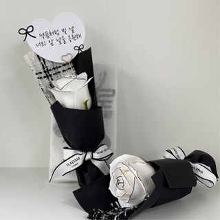 [플라담] 수능 응원 빼빼로 명품 미니 장미 한송이 꽃다발, 1개, 화이트 트위드