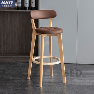 吧臺椅 高腳靠背酒吧椅子 實木高腳椅 中島椅 靠背椅 餐吧椅, 72坐高 原木架 棕色科技布, 1個