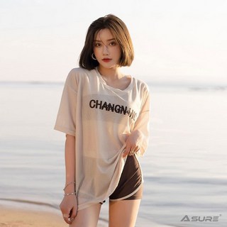 Asure 여름 여성 반팔 나시 반바지 수영복 쓰리피스, 커피색