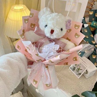 小花緞帶小熊玩偶花束 情人節/母親節/畢業/生日花束禮物, 小花緞帶小熊(米色包裝),可至加購區挑選其他配件, 1個