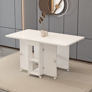 簡易摺疊餐桌組合 小戶型可移動伸縮餐桌 萬向輪 家用吃飯小桌子 實木餐桌, 1個, 四門款/1.2米白色長方形單桌(無凳)
