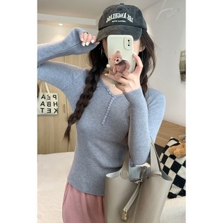V領緊身針織衫女長袖純色修身打底衫上衣