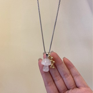 天然石造型項鍊 - 白水晶 金珠葡萄串 鈦鋼項鍊 彩虹蘑菇吊墜 配飾