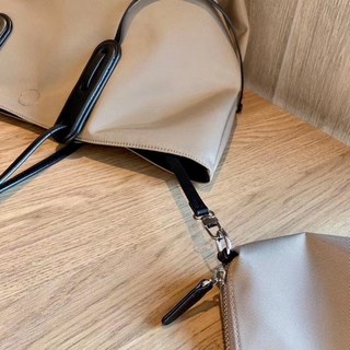 單肩托特包子母包 尼龍大容量手提電腦通勤包 A4文件包 (黑色/奶茶色), 卡其