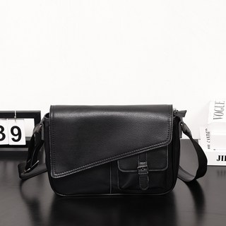 Wendy 男士商務側背包 多功能斜背包 牛皮質感橫款 時尚大容量 防水斜挎包, 黑